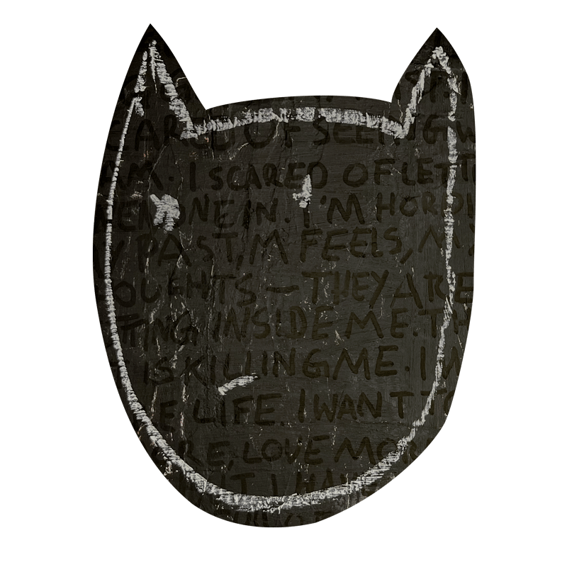 Theo DeHart artist logo -- dark demon-shaped silhouette with handwritten confessional text