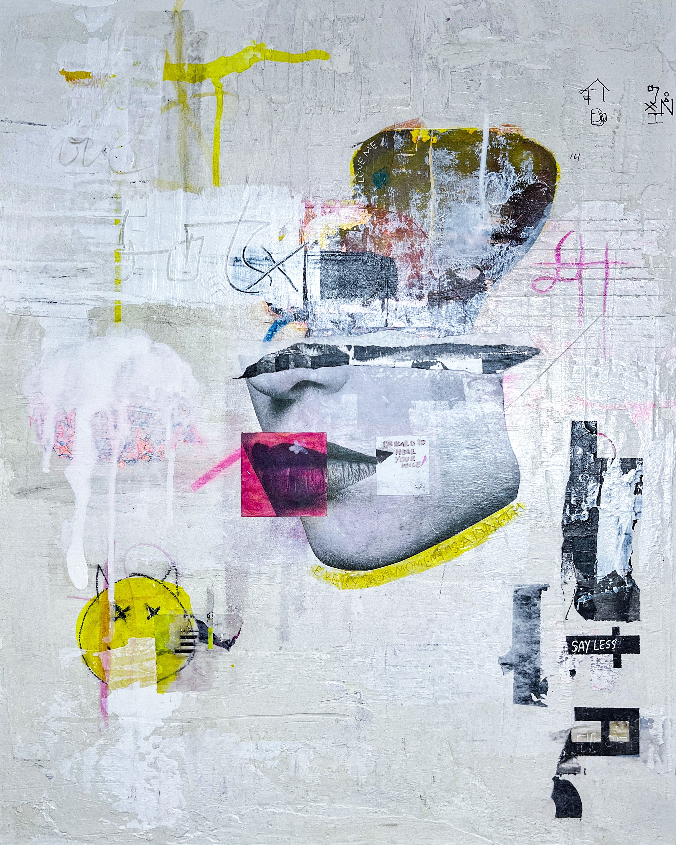 Mixed media collage painting by San Diego artist Theo DeHart titled I'm Scared to Hear Your Voice -- a fragmented black and white face with painted-over eyes and a pink collaged mouth, surrounded by yellow gestural marks, a dead-faced yellow smiley, handwritten text fragments including "say less" and "every past moment is a death," on a pale white layered surface