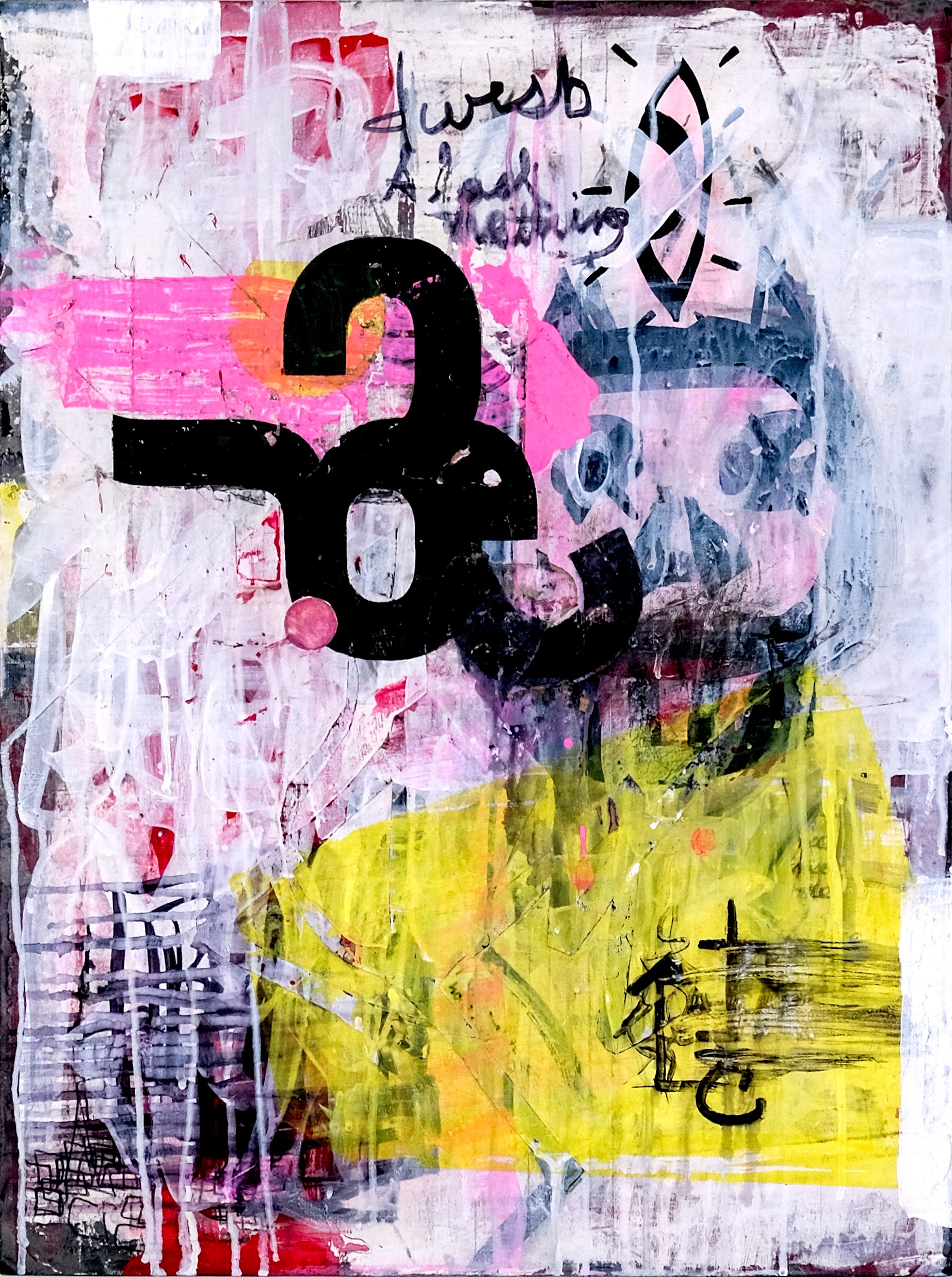 Mixed media painting by San Diego artist Theo DeHart titled I Wish -- a large black ampersand or abstract symbol dominates a layered surface of pink, yellow-green, gray, and white with asemic writing, handwritten text fragments, and gestural marks throughout