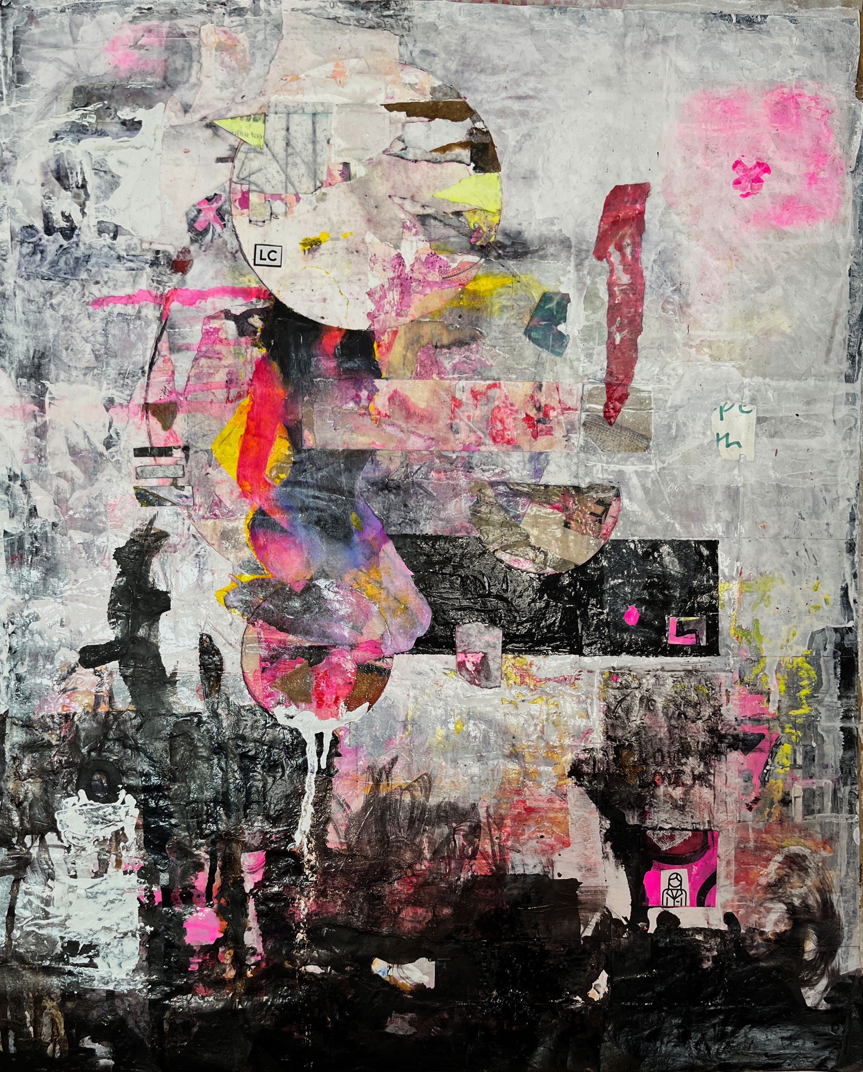 Mixed media collage painting by San Diego artist Theo DeHart featuring layered torn paper, paint, and found imagery in pink, black, yellow, and gray with a central fragmented figurative form emerging from dense surface accumulation